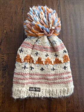 Matilda Jane Cream Knit Pom Beanie with Pink, Orange & Blue Accents